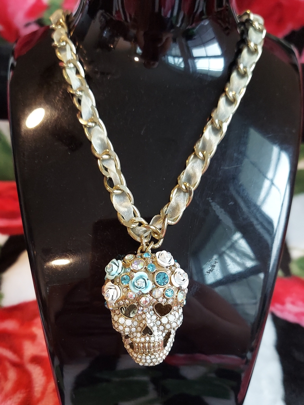 Bwtsey Johnson Gold-Tone Turquoise & White Floral Sugar Skull Pendant Necklace